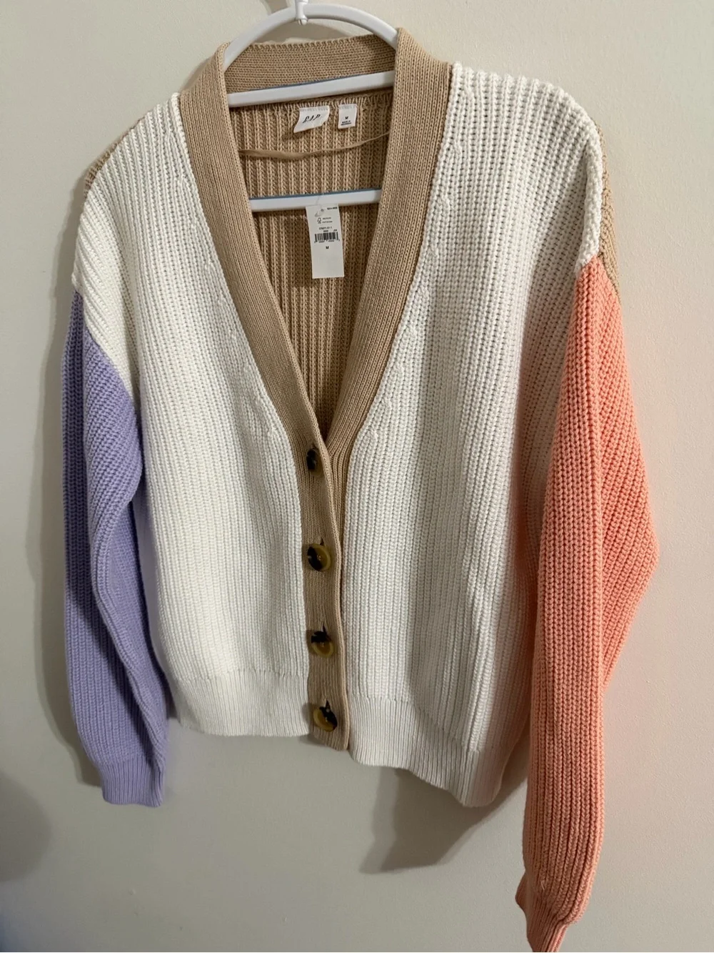 GAP Colorblock Button-Front Cardigan - White with Lilac & Coral Sleeves